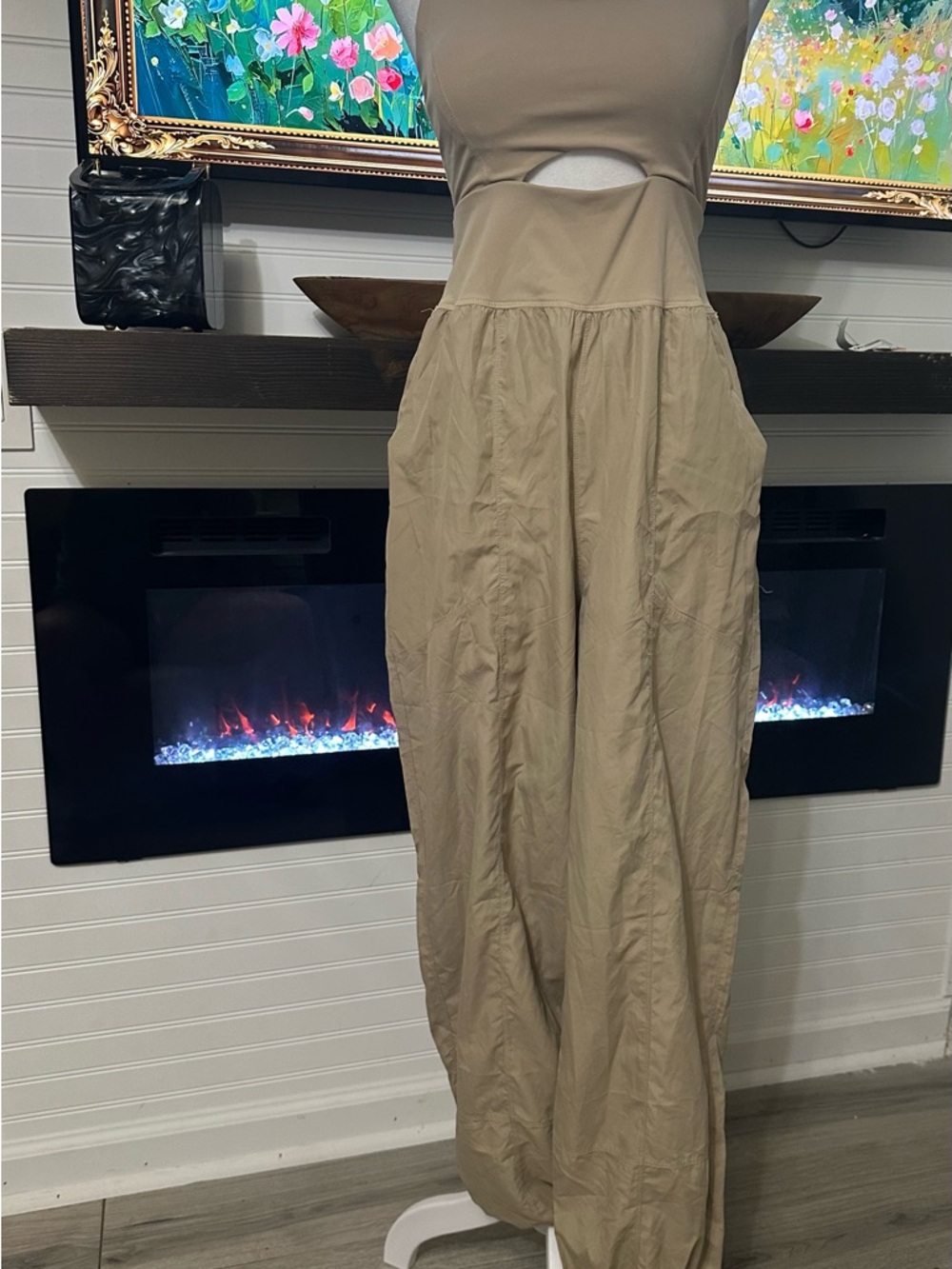 Cutout High-Waist Khaki Jumpsuit with Wide Leg